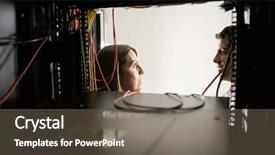  Presentation with servers - Colorful presentation theme enhanced with team of technicians working together on servers at the data centre backdrop and a gray colored foreground