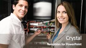  Presentation with servers - Presentation having team of technicians working together on servers at the data centre background and a tawny brown colored foreground