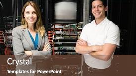  Presentation with team working together - PPT theme consisting of team of technicians working together at the data centre background and a tawny brown colored foreground