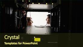  Presentation with servers - Presentation design consisting of team of technicians working together on servers at the data centre background and a tawny brown colored foreground