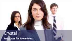 Presentation with young business people - Presentation having team of three young business people standing and posing for portrait smiling businesswoman in front background and a navy blue colored foreground