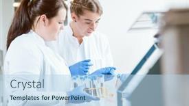  Presentation with test tubes - Colorful presentation theme enhanced with team-of-two-young-woman backdrop and a light blue colored foreground