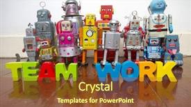  Presentation with robot - PPT theme featuring team of vintage robots background and a tawny brown colored foreground