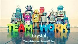 Presentation with robot - PPT theme with team of vintage robots background and a ocean colored foreground