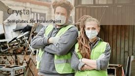  Presentation with scrap metal - Slide set featuring team-of-volunteers-in-protective background and a coral colored foreground