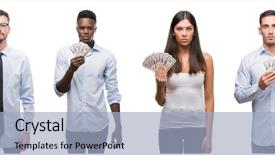  Presentation with team group - Beautiful PPT theme featuring team of workers holding bank backdrop and a  colored foreground