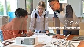  Presentation with team working together - Cool new PPT theme with team-of-young-architects-working backdrop and a coral colored foreground