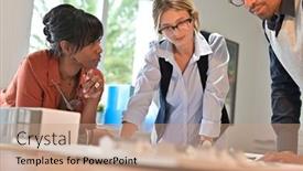  Presentation with team working together - Colorful slide set enhanced with team-of-young-architects-working backdrop and a coral colored foreground