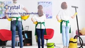  Presentation with cleaning service - Presentation theme with team of young cleaning service background and a sky blue colored foreground