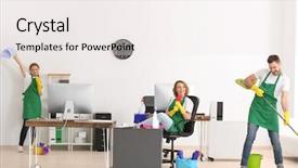  Presentation with cleaning service - Theme having team of young cleaning service background and a  colored foreground