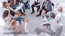  Presentation with circle - Slide deck consisting of team-of-young-employees-sitting background and a light gray colored foreground