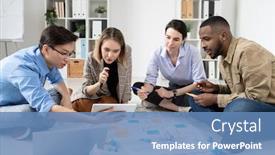  Presentation with managers - PPT theme with team-of-young-managers background and a teal colored foreground