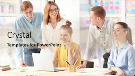  Presentation with marketing - Cool new presentation design with team of young marketing managers backdrop and a  colored foreground