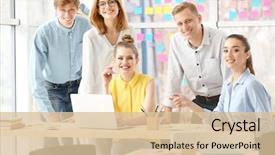  Presentation with team discussion marketing - Presentation with team of young marketing managers background and a lemonade colored foreground