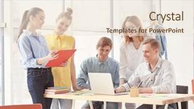  Presentation with managers - Beautiful PPT theme featuring team of young marketing managers backdrop and a  colored foreground