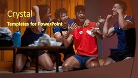  Presentation with locker room - Presentation theme featuring team-of-young-sports-players background and a tawny brown colored foreground