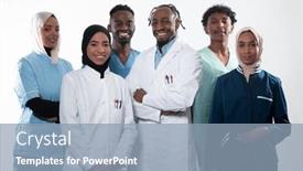  Presentation with healthcare workers - Presentation design featuring team-or-group background and a light blue colored foreground