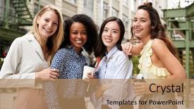  Presentation with coworkers - Slides having team outing - four female coworkers smiling background and a coral colored foreground