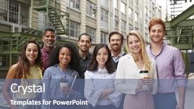  Presentation with coworkers - PPT layouts featuring team outing - portrait of eight friendly coworkers background and a ocean colored foreground