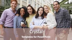  Presentation with coworkers - Slide deck consisting of team outing - six young adult coworkers standing background and a coral colored foreground