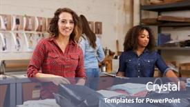  Presentation with distribution - Presentation design having team packing orders for distribution background and a ocean colored foreground