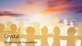  Presentation with team hands - PPT theme featuring team paper chain people holding hands front bright sky background and a yellow colored foreground