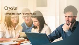  Presentation with employees working together - Theme enhanced with team people roles - colleagues working together background and a  colored foreground