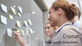  Presentation with team planning - PPT theme featuring team planning - smiling business people with marker background and a  colored foreground