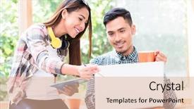  Presentation with employees working together - Presentation enhanced with team player - two young dedicated asian employees background and a lemonade colored foreground