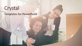  Presentation with employee - Presentation design consisting of team player - young female employee asking background and a lemonade colored foreground