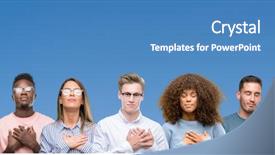  Presentation with blue eyes technology close up - Slide deck with team pledge - composition of group of friends background and a teal colored foreground