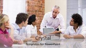  Presentation with farewell colleagues - Presentation theme featuring problem solving presentation - businessman presenting to colleagues background and a coral colored foreground