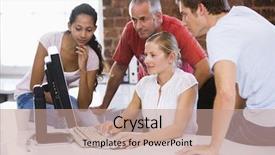  Presentation with group - Cool new slide set with aged employee - group of business people working backdrop and a coral colored foreground