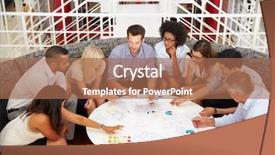  Presentation with group discussion - Presentation theme having group of work colleagues having background and a coral colored foreground