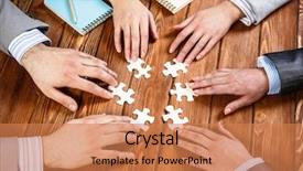  Presentation with finding the best international tealent - Slide set consisting of team putting puzzle - finally finding solution background and a coral colored foreground