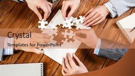  Presentation with solution - PPT theme having team putting puzzle - finally finding solution background and a coral colored foreground