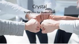  Presentation with team - Beautiful PPT theme featuring team putting their fists together backdrop and a light blue colored foreground