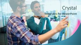  Presentation with business team join hands white - PPT theme enhanced with team reading the sticky note background and a cool aqua colored foreground