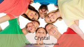  Presentation with students - PPT layouts consisting of team red yellow blue green - group of happy students staying background and a coral colored foreground