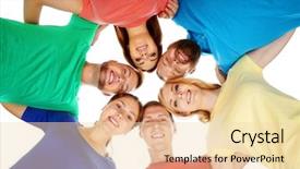  Presentation with group of students raising hands - Beautiful slides featuring team red yellow blue green - group of happy students staying backdrop and a lemonade colored foreground