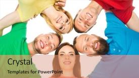  Presentation with team group yellow - Slides enhanced with team red yellow blue green - group of happy students staying background and a  colored foreground