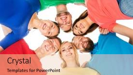  Presentation with group of students raising hands - Beautiful presentation theme featuring team red yellow blue green - group of happy students staying backdrop and a lemonade colored foreground