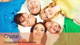  Presentation with five business people standing together and smiling - Colorful slides enhanced with team red yellow blue green - group of smiling friends standing backdrop and a  colored foreground