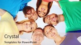  Presentation with racial group high school students - Colorful PPT theme enhanced with team red yellow blue green - group of smiling students standing backdrop and a  colored foreground