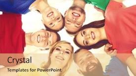  Presentation with racial group high school students - Slides featuring team red yellow blue green - group of smiling students staying background and a lemonade colored foreground