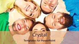  Presentation with team group yellow - Colorful slide set enhanced with team red yellow blue green - group of smiling students staying backdrop and a coral colored foreground