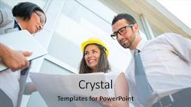  Presentation with buildings engineering construction engineers - Colorful presentation theme enhanced with team review - engineers reviewing construction plans together backdrop and a light blue colored foreground