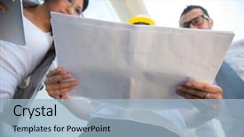  Presentation with construction documents - Amazing PPT theme having team review - woman holding construction documents outside backdrop and a light blue colored foreground