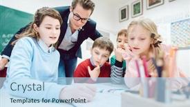  Presentation with team working together - Beautiful presentation theme featuring team session in school class with all students working together as a team backdrop and a light blue colored foreground