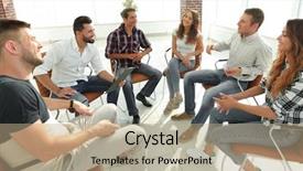  Presentation with team building - PPT theme enhanced with team sitting in a lesson background and a coral colored foreground